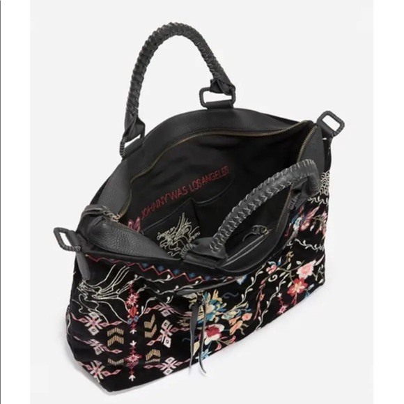 Johnny Was Black Denim & Leather with Floral Embroidery Dreamer Overnight Tote - Picture 4 of 14